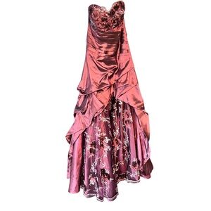 Strapless Plum Prom Ball Gown with Floral Embroidery